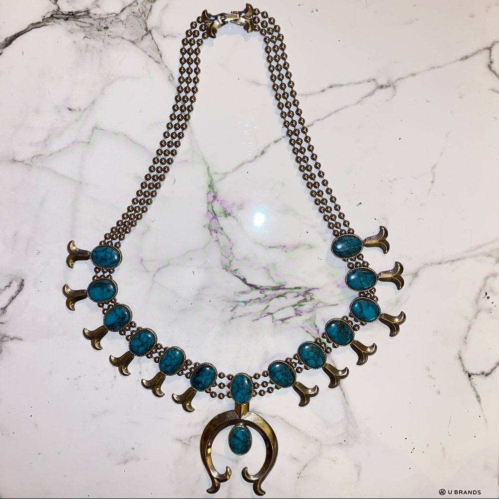 Vintage Goldette Faux Turquoise Squash Blossom Necklace